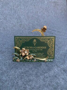 Vintage Enamel Rhinestone Floral Brass Business Card Holder